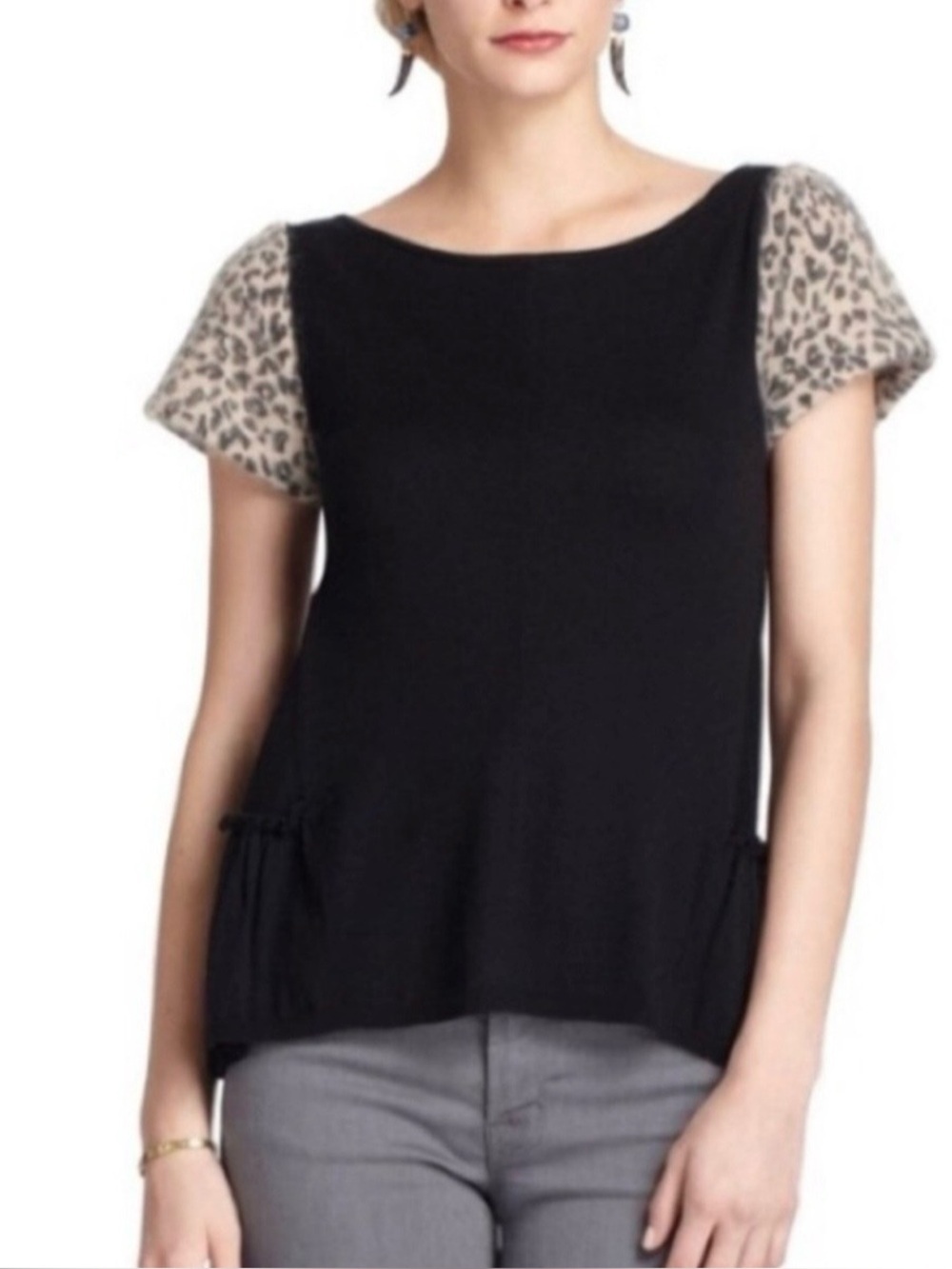 Leifsdottir From Anthropologie Black Sweater Tee With Leopard-Print Sleeves, S